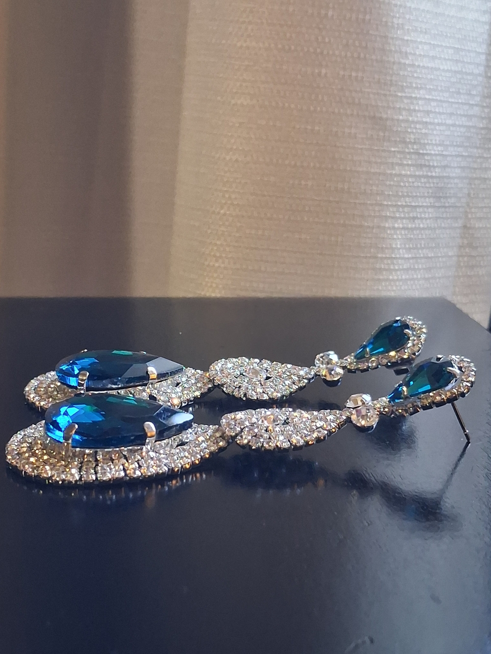 Sapphire Blue Glass Rhinestone Pageant Statement Earrings Prom Event Bridal 3¼" - Picture 10 of 16